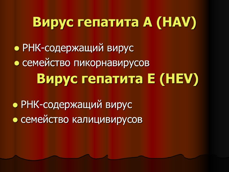 Вирус гепатита А (HAV) РНК-содержащий вирус семейство пикорнавирусов Вирус гепатита Е (HЕV) Вирус гепатита А (HAV) РНК-содержащий вирус семейство пикорнавирусов Вирус гепатита Е (HЕV)